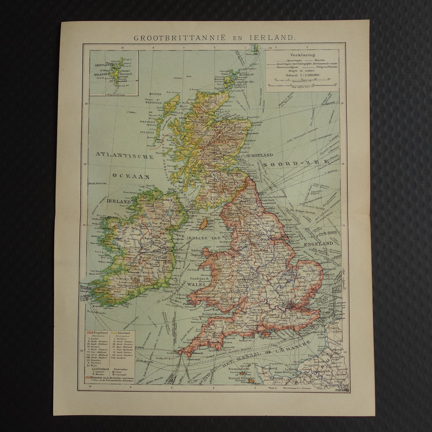 Oude Nederlandse kaart van Verenigd Koninkrijk en Ierland uit 1908 originele antieke landkaart Britse Eilanden Groot-Britannië