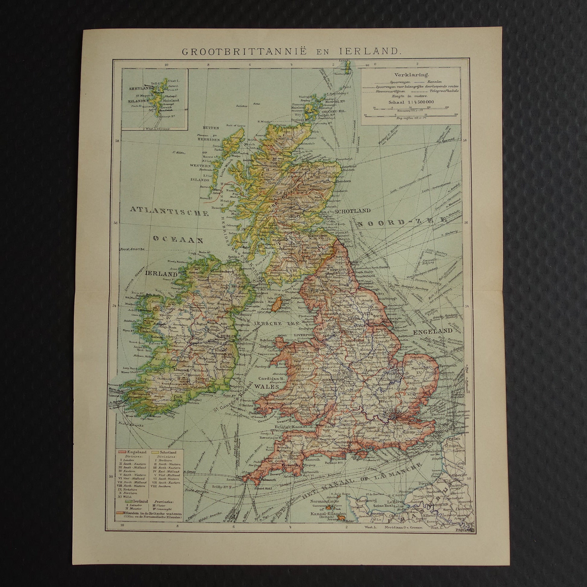 Oude Nederlandse kaart van Verenigd Koninkrijk en Ierland uit 1908 originele antieke landkaart Britse Eilanden Groot-Britannië