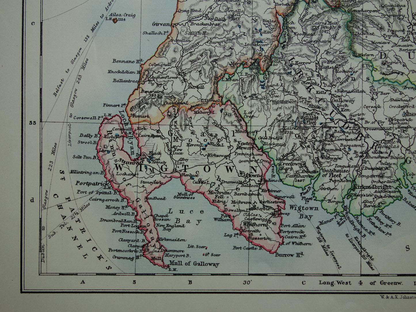 SCHOTLAND Oude kaart van het zuiden van Schotland uit 1901 originele antieke Engelse landkaart