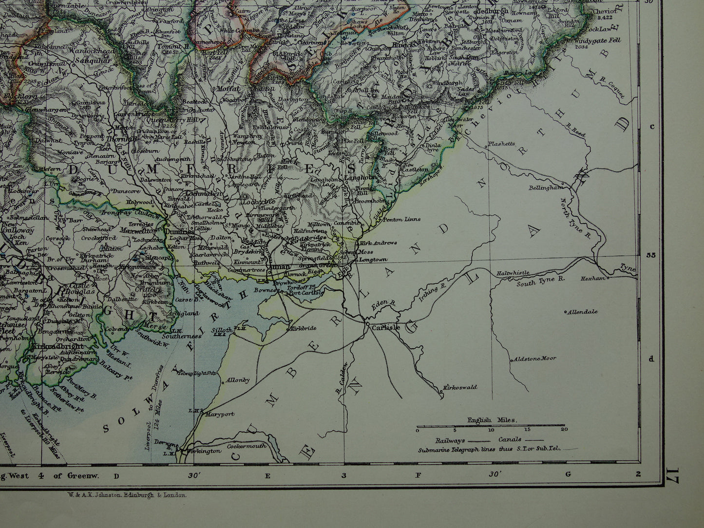SCHOTLAND Oude kaart van het zuiden van Schotland uit 1901 originele antieke Engelse landkaart