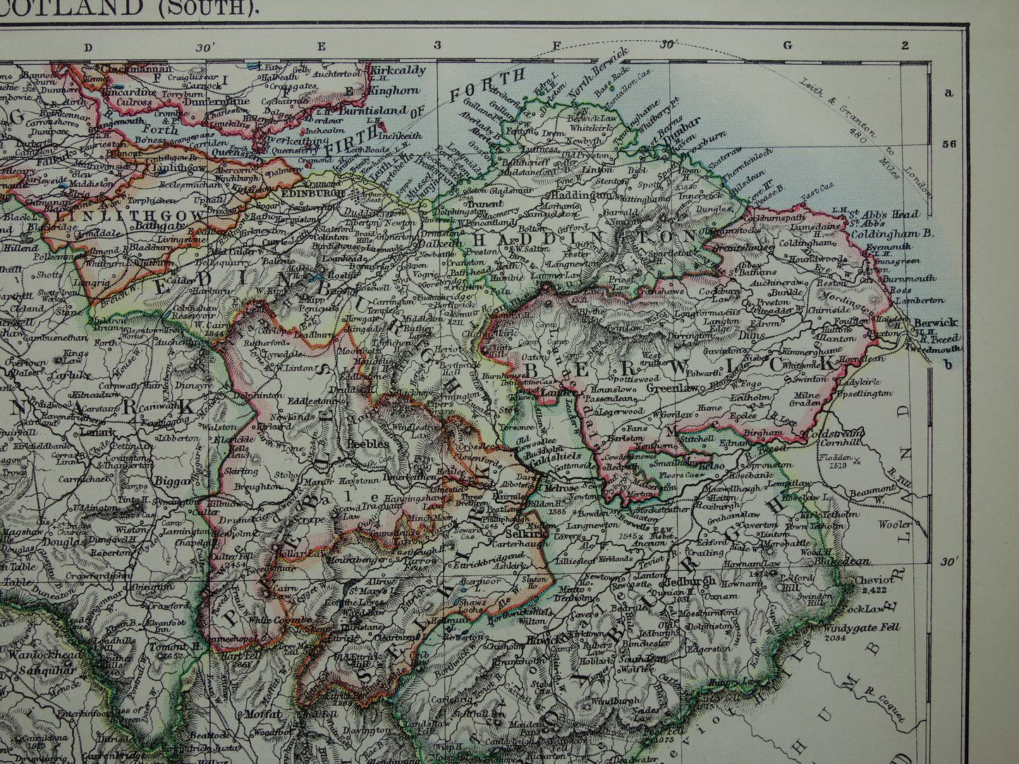 SCHOTLAND Oude kaart van het zuiden van Schotland uit 1901 originele antieke Engelse landkaart