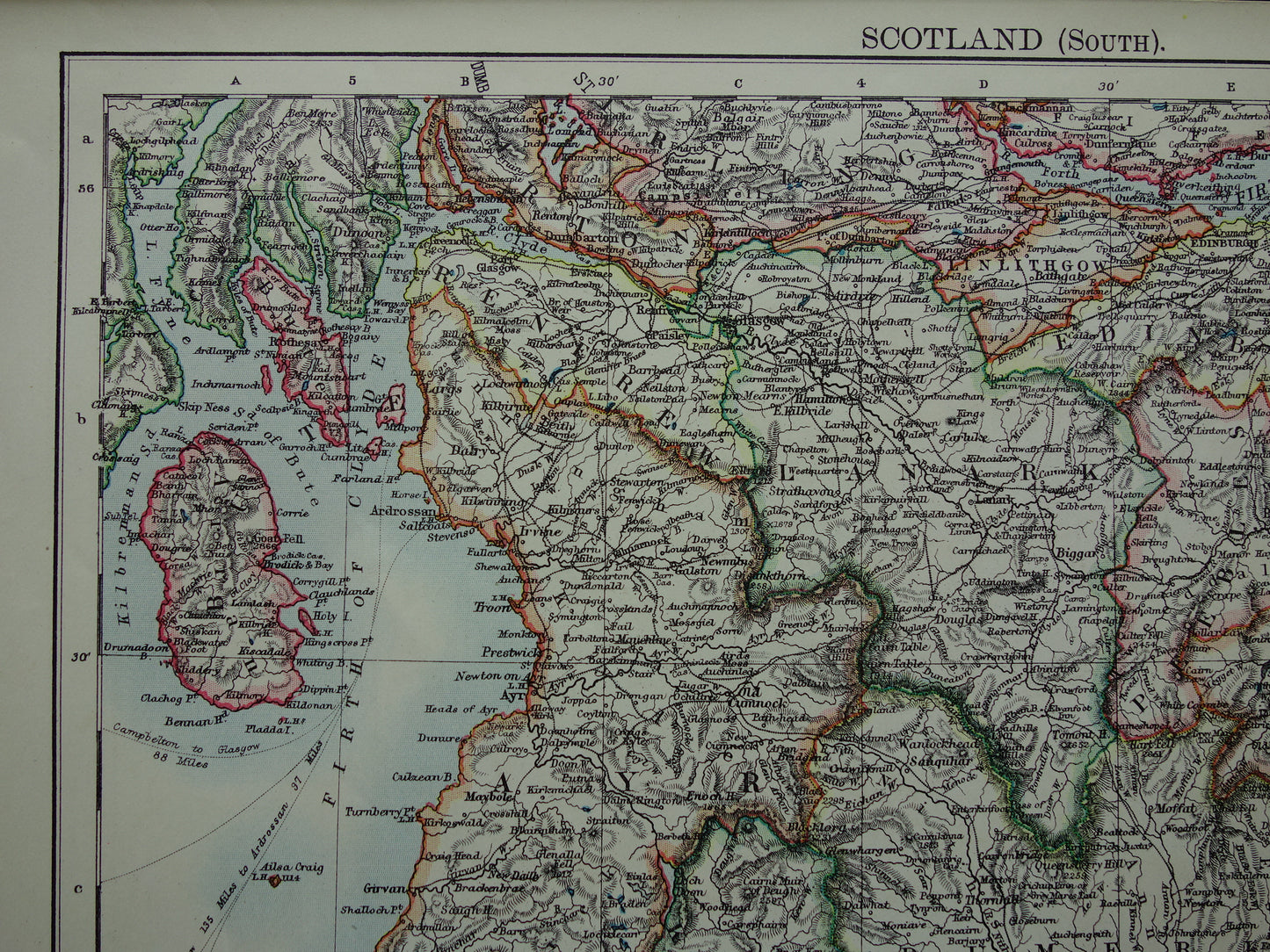 SCHOTLAND Oude kaart van het zuiden van Schotland uit 1901 originele antieke Engelse landkaart
