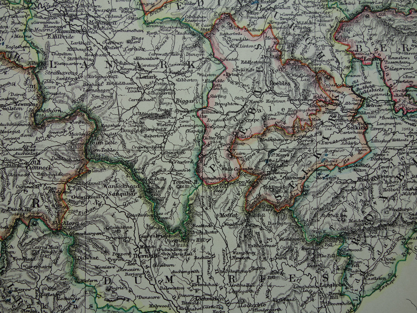 SCHOTLAND Oude kaart van het zuiden van Schotland uit 1901 originele antieke Engelse landkaart