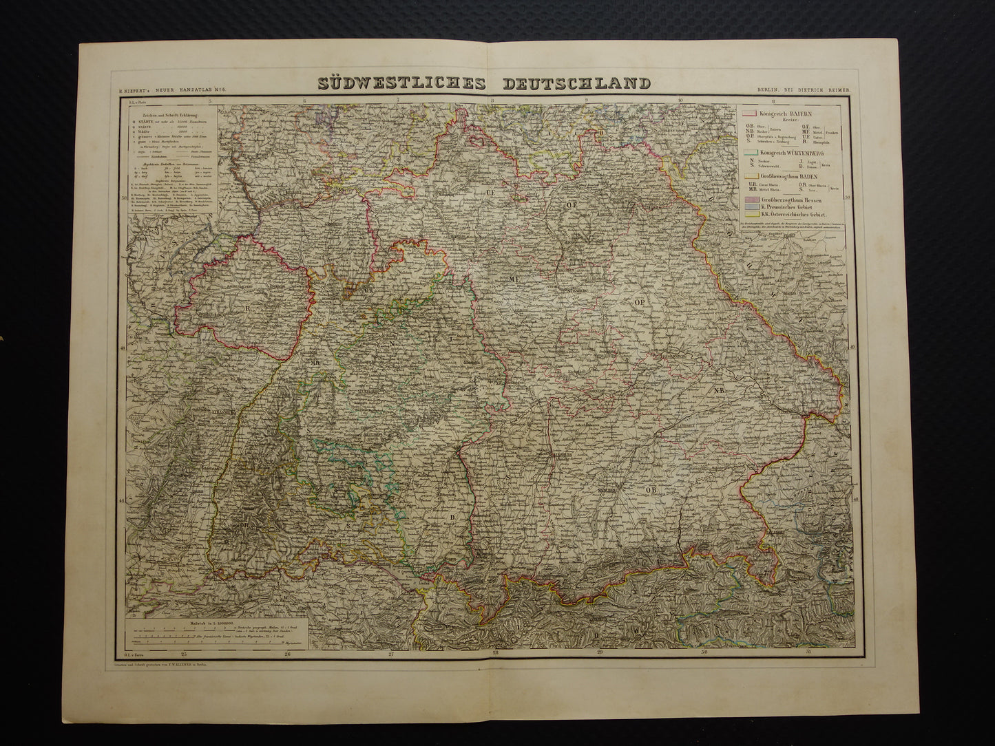 Large old map of Bavaria South Germany Original antique map 1860 Germany