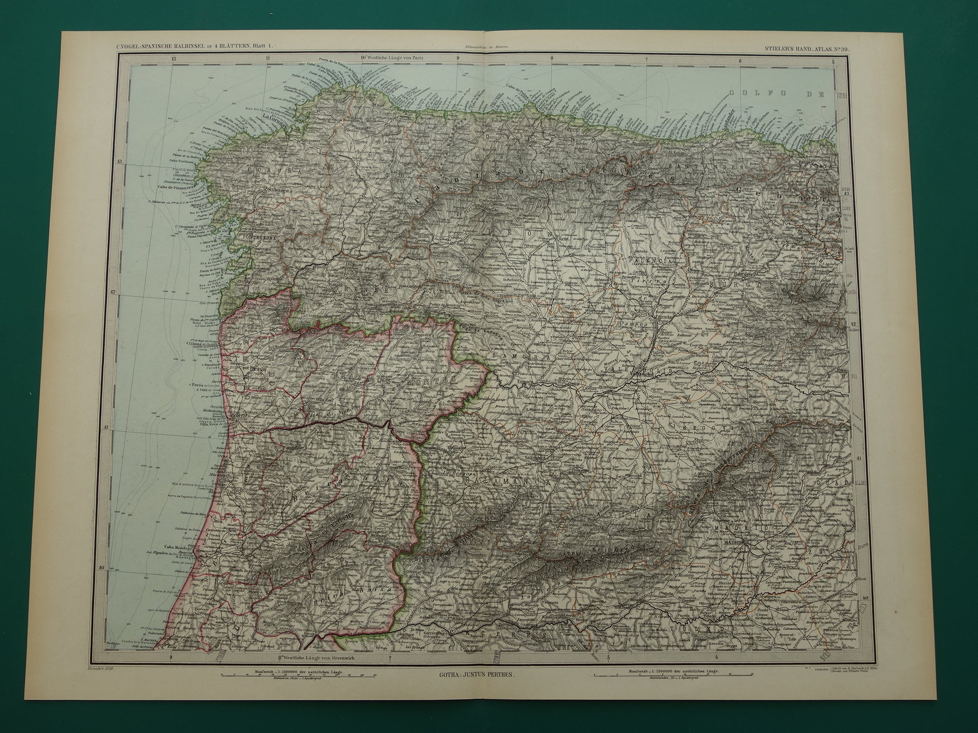 Oude kaart van noordwest Spanje Portugal 1886 originele antieke landkaart Salamanca Santander La Coruna