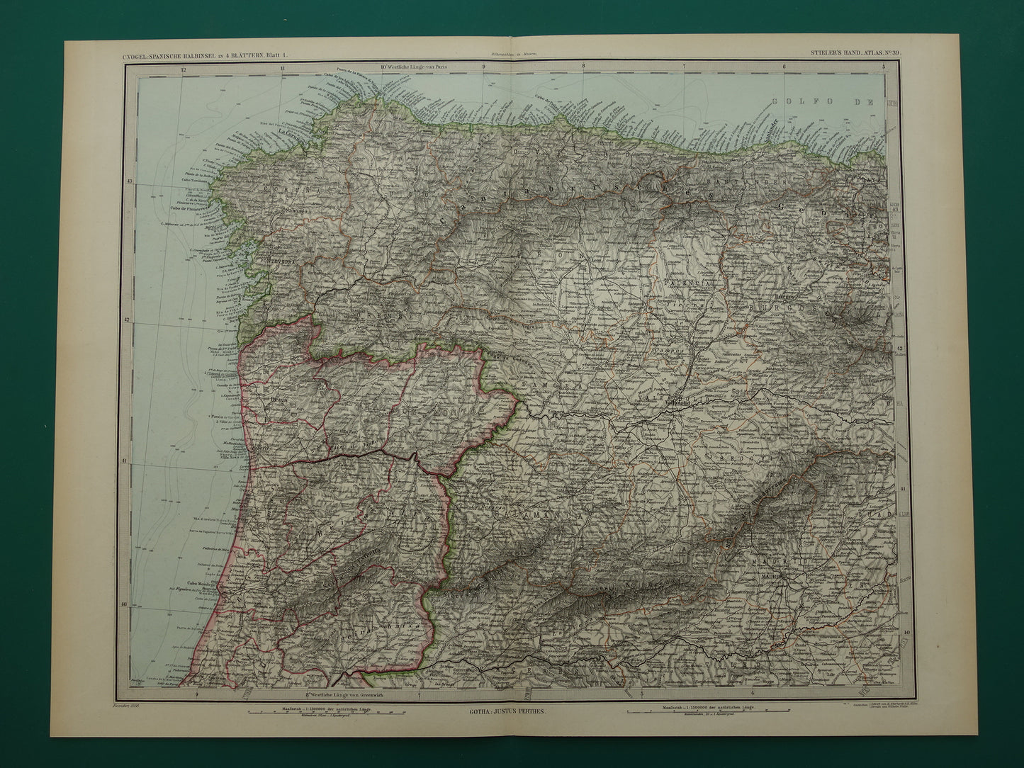 Old map of northwestern Spain Portugal 1886 original antique map Salamanca Santander La Coruna