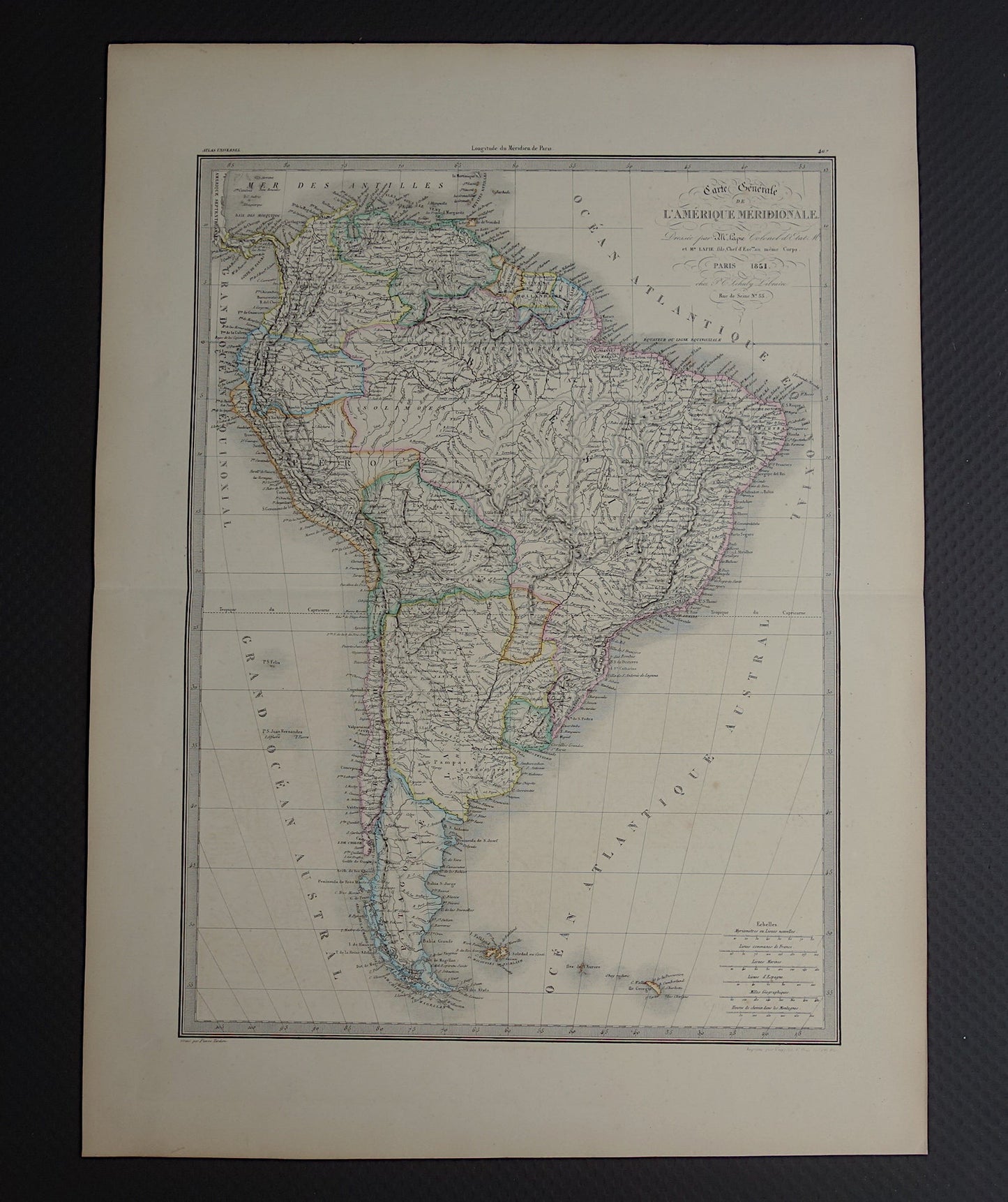 ZUID-AMERIKA Grote vintage landkaart van Zuid-Amerika 1851 oude kaart Brazilië Patagonië Chili origineel antiek met jaartal