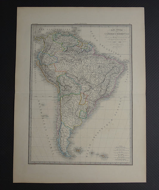 ZUID-AMERIKA Grote vintage landkaart van Zuid-Amerika 1851 oude kaart Brazilië Patagonië Chili origineel antiek met jaartal
