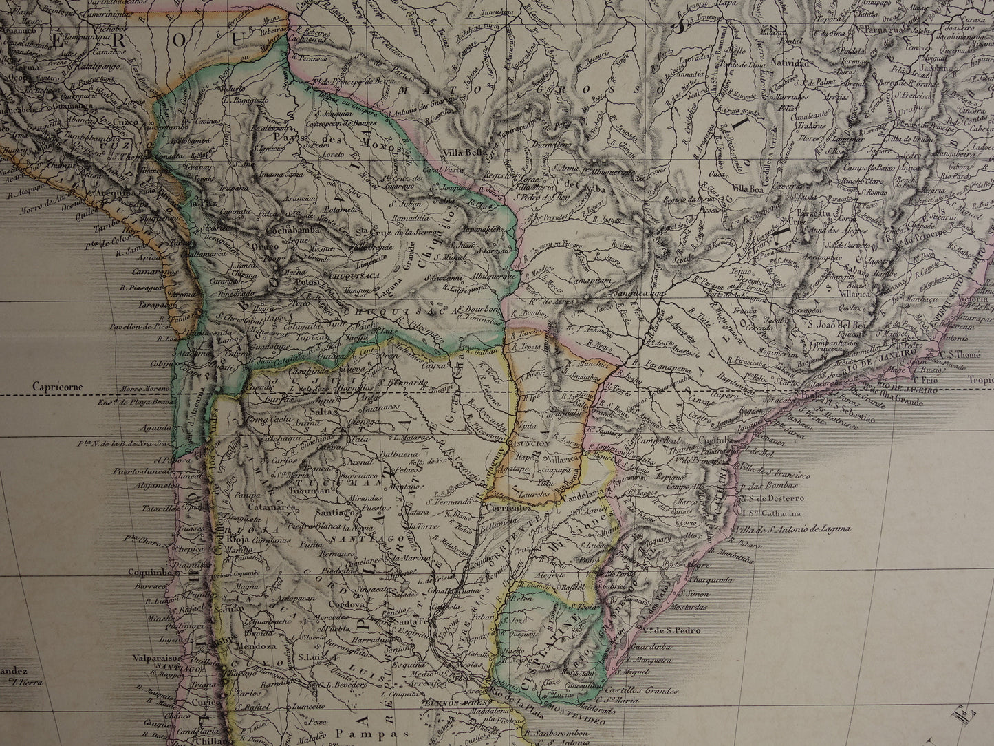 ZUID-AMERIKA Grote vintage landkaart van Zuid-Amerika 1851 oude kaart poster Brazilië Patagonië Chili origineel antiek met jaartal