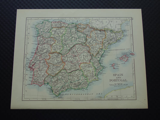SPANJE PORTUGAL Oude kaart van Spanje en Portugal uit 1901 originele antieke Engelse landkaart Spain and Portugal