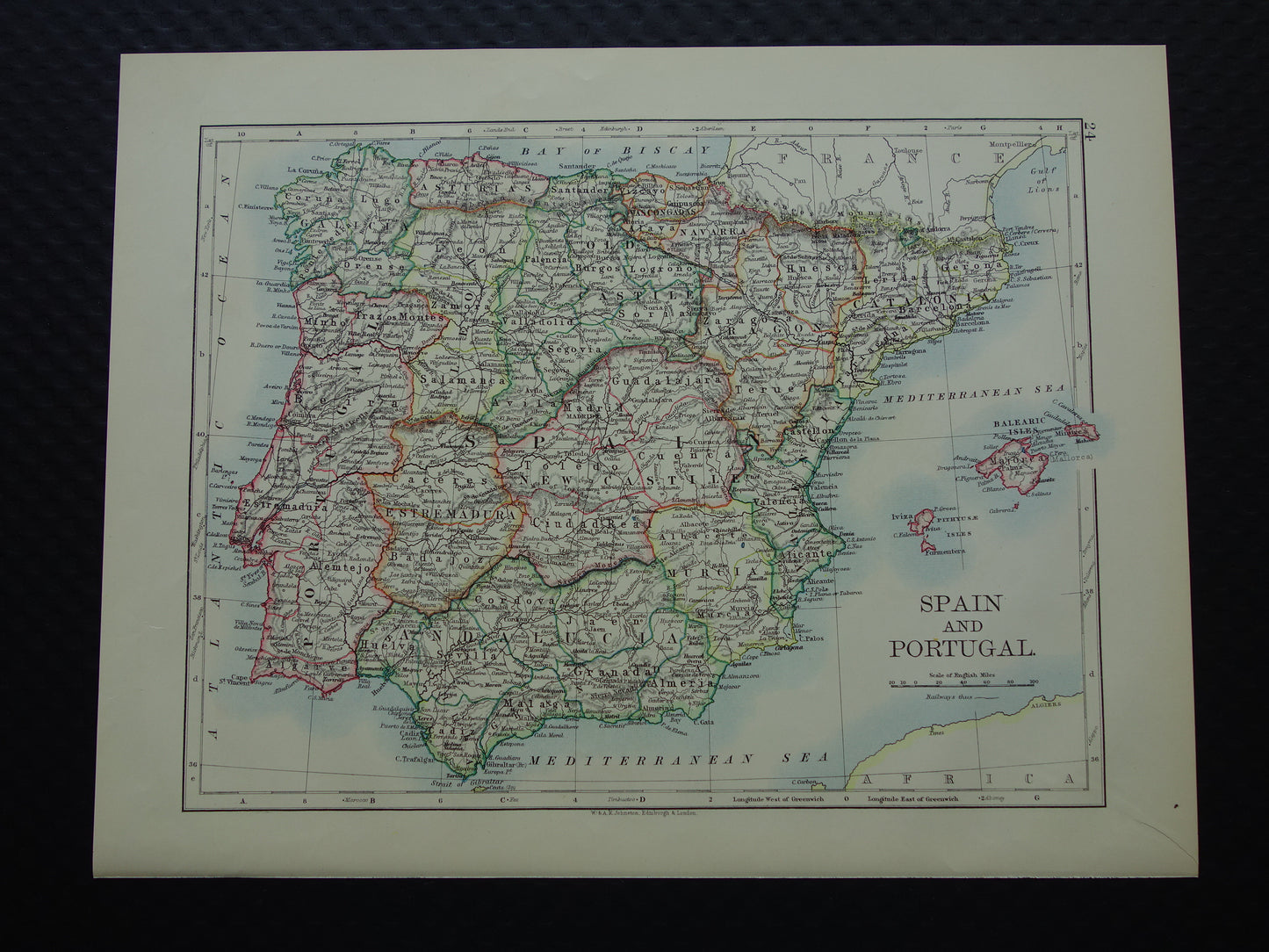 SPANIEN PORTUGAL Alte Karte von Spanien und Portugal aus dem Jahr 1901, originale antike englische Karte von Spanien und Portugal