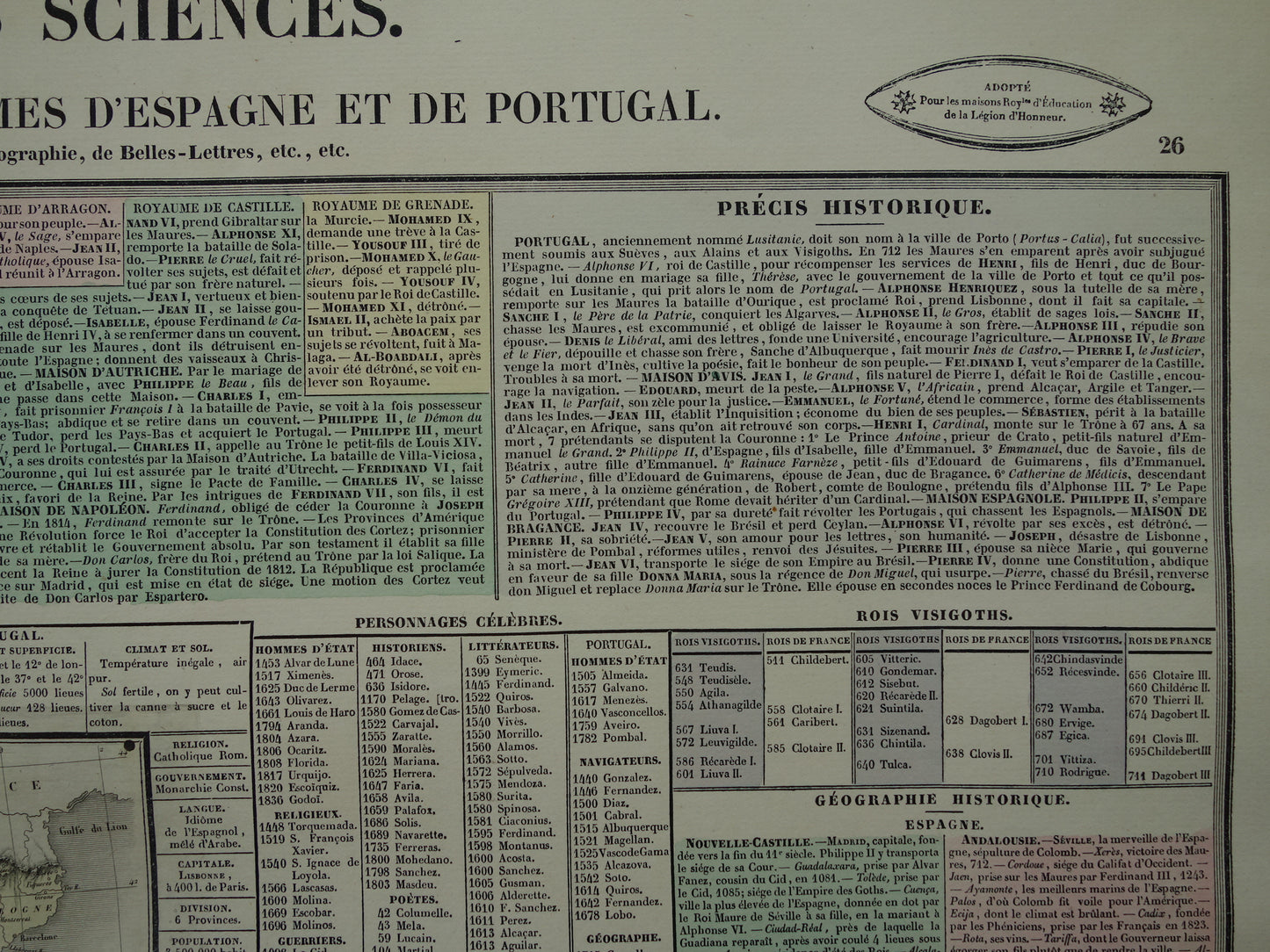 Spain and Portugal Old map 1837 large antique engraving about history of Spain Portugal with vintage map