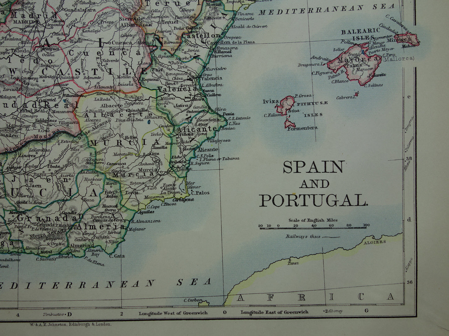 SPANIEN PORTUGAL Alte Karte von Spanien und Portugal aus dem Jahr 1901, originale antike englische Karte von Spanien und Portugal