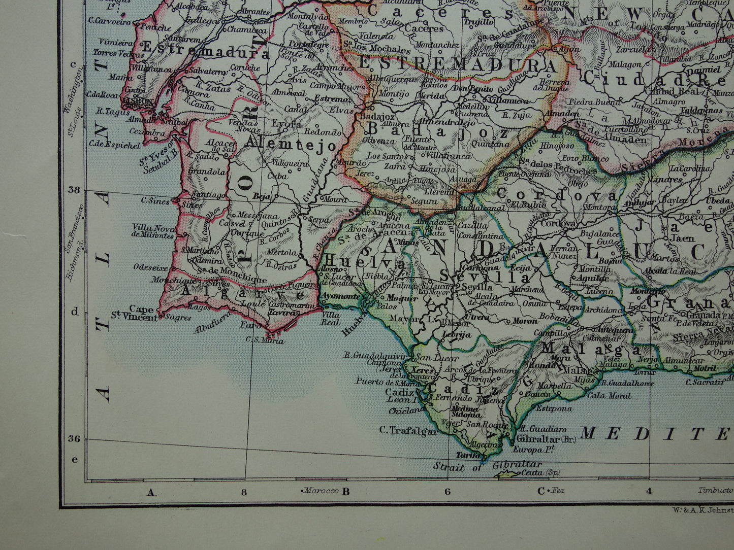 SPANIEN PORTUGAL Alte Karte von Spanien und Portugal aus dem Jahr 1901, originale antike englische Karte von Spanien und Portugal