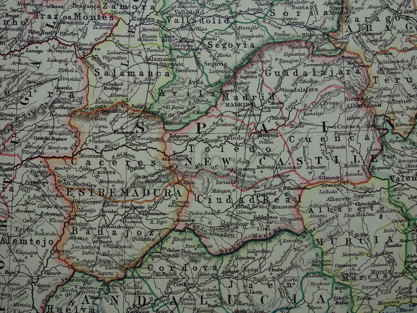 SPANIEN PORTUGAL Alte Karte von Spanien und Portugal aus dem Jahr 1901, originale antike englische Karte von Spanien und Portugal