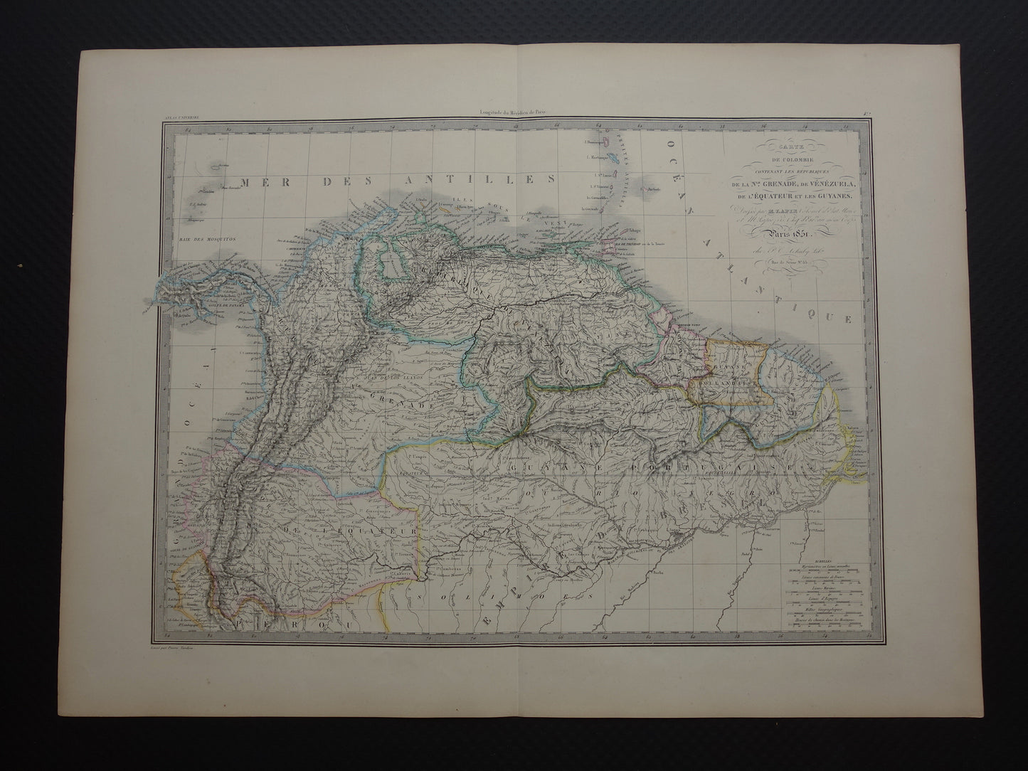 Colombia Venezuela grote oude kaart 1851 originele antieke landkaart Suriname Amazone rivier 