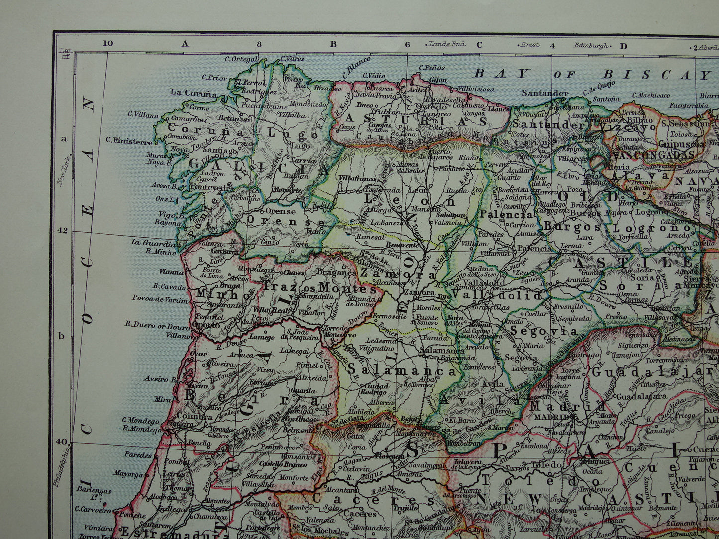 SPANIEN PORTUGAL Alte Karte von Spanien und Portugal aus dem Jahr 1901, originale antike englische Karte von Spanien und Portugal