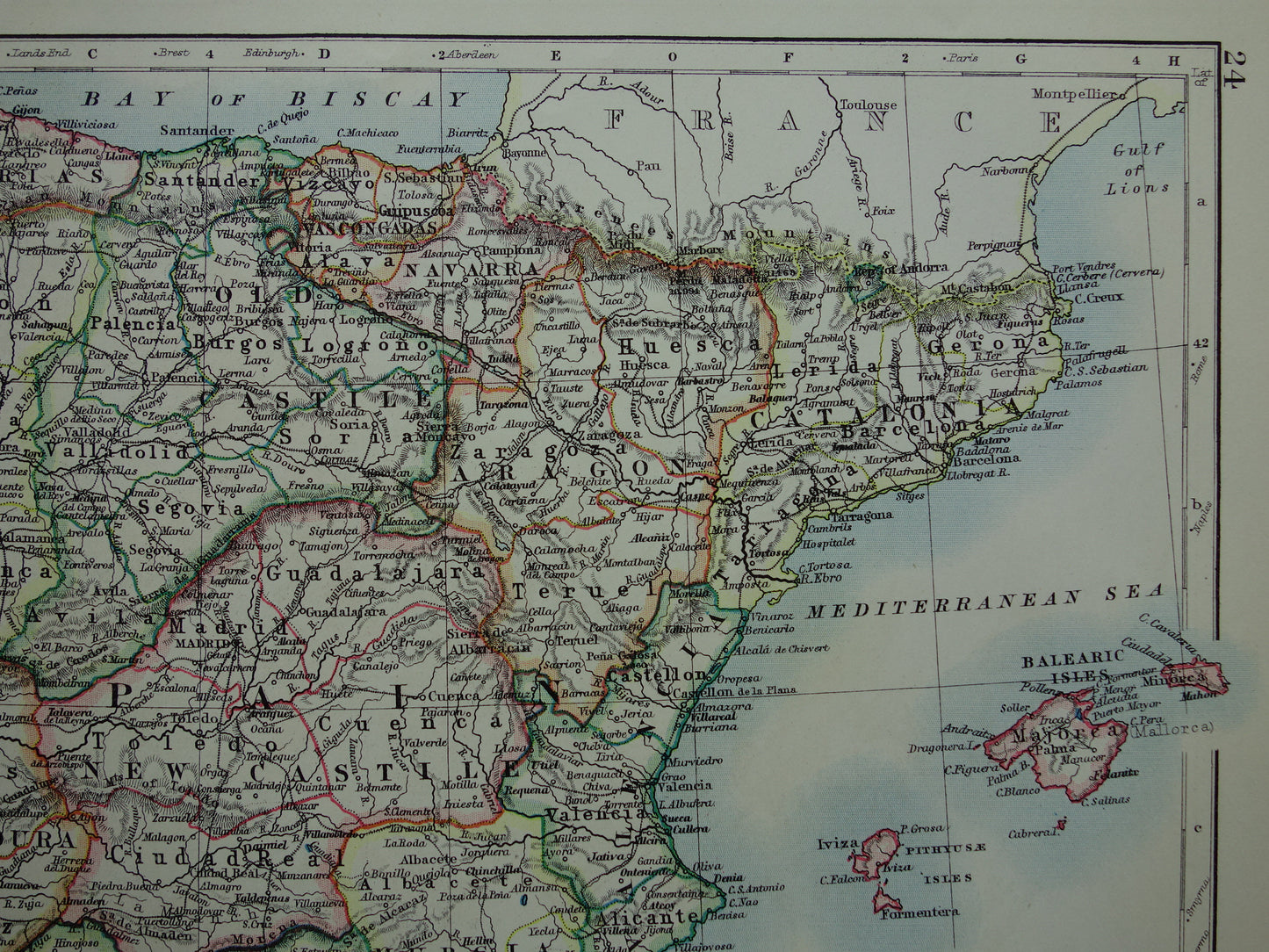 SPANIEN PORTUGAL Alte Karte von Spanien und Portugal aus dem Jahr 1901, originale antike englische Karte von Spanien und Portugal