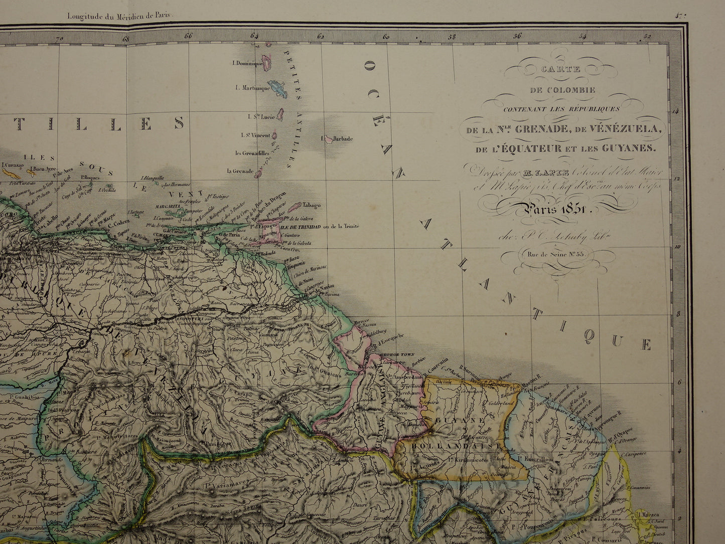 Colombia Venezuela large old map 1851 original antique map Suriname Amazon river