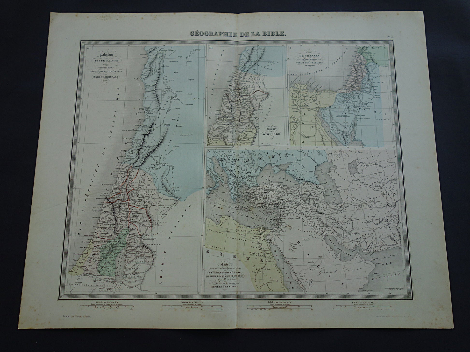 Palestina in de oudheid oude kaart Bijbelse geschiedenis - Franse antieke handgekleurde landkaart