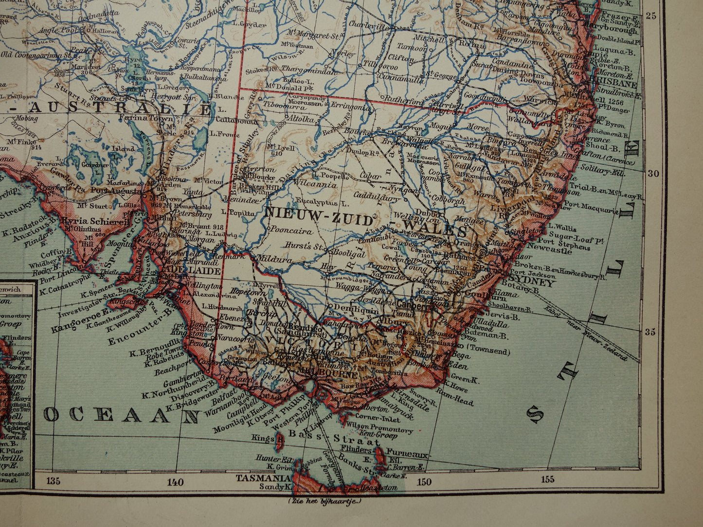 AUSTRALIE oude landkaart van Australië uit 1915 originele antieke Nederlandse kaart - vintage landkaarten