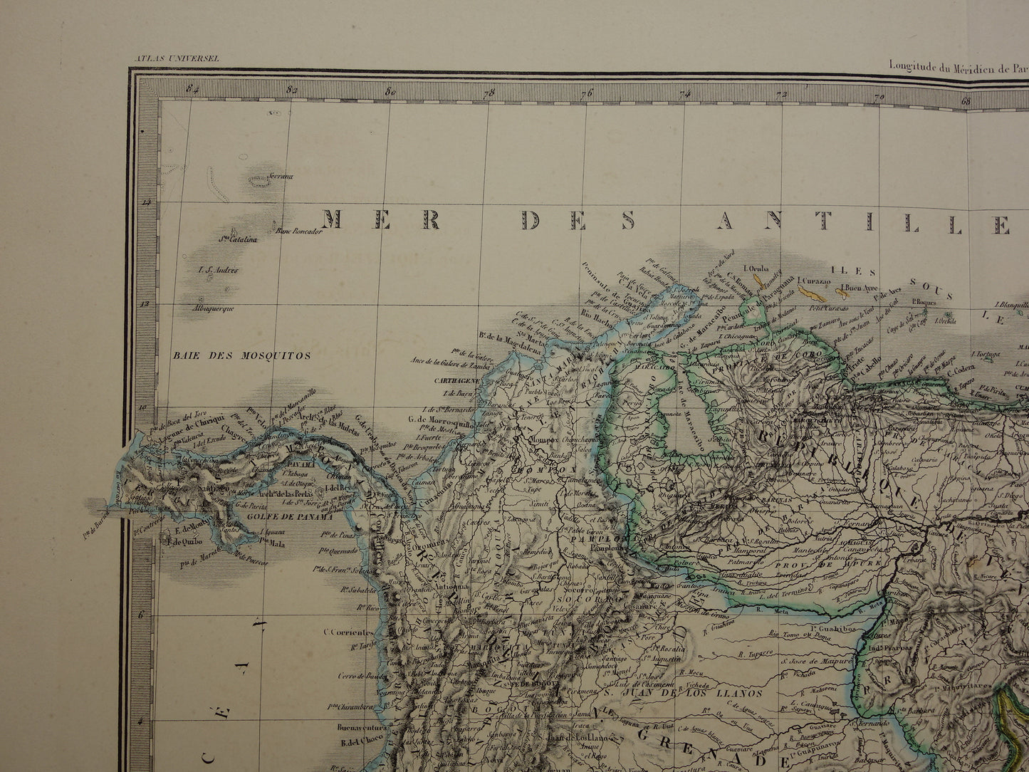 Colombia Venezuela large old map 1851 original antique map Suriname Amazon river