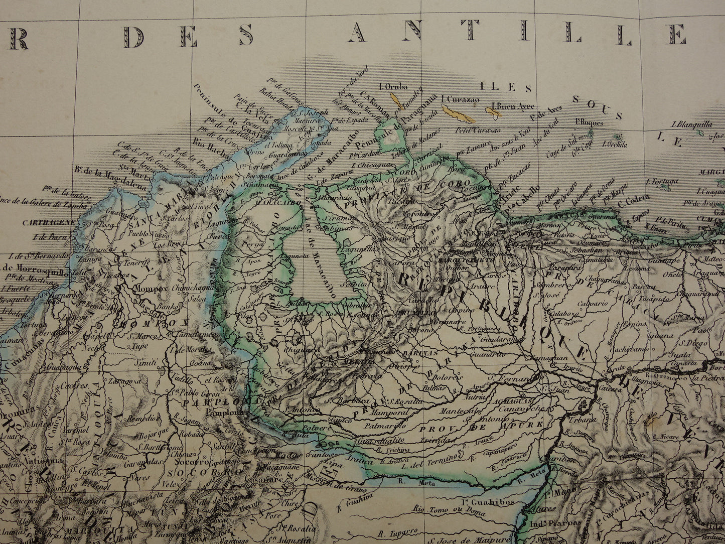 Colombia Venezuela large old map 1851 original antique map Suriname Amazon river