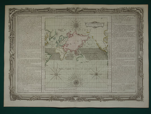 Oude wereldkaart 1761 Grote originele historische landkaart van de wereld Windrichtingen Windroos