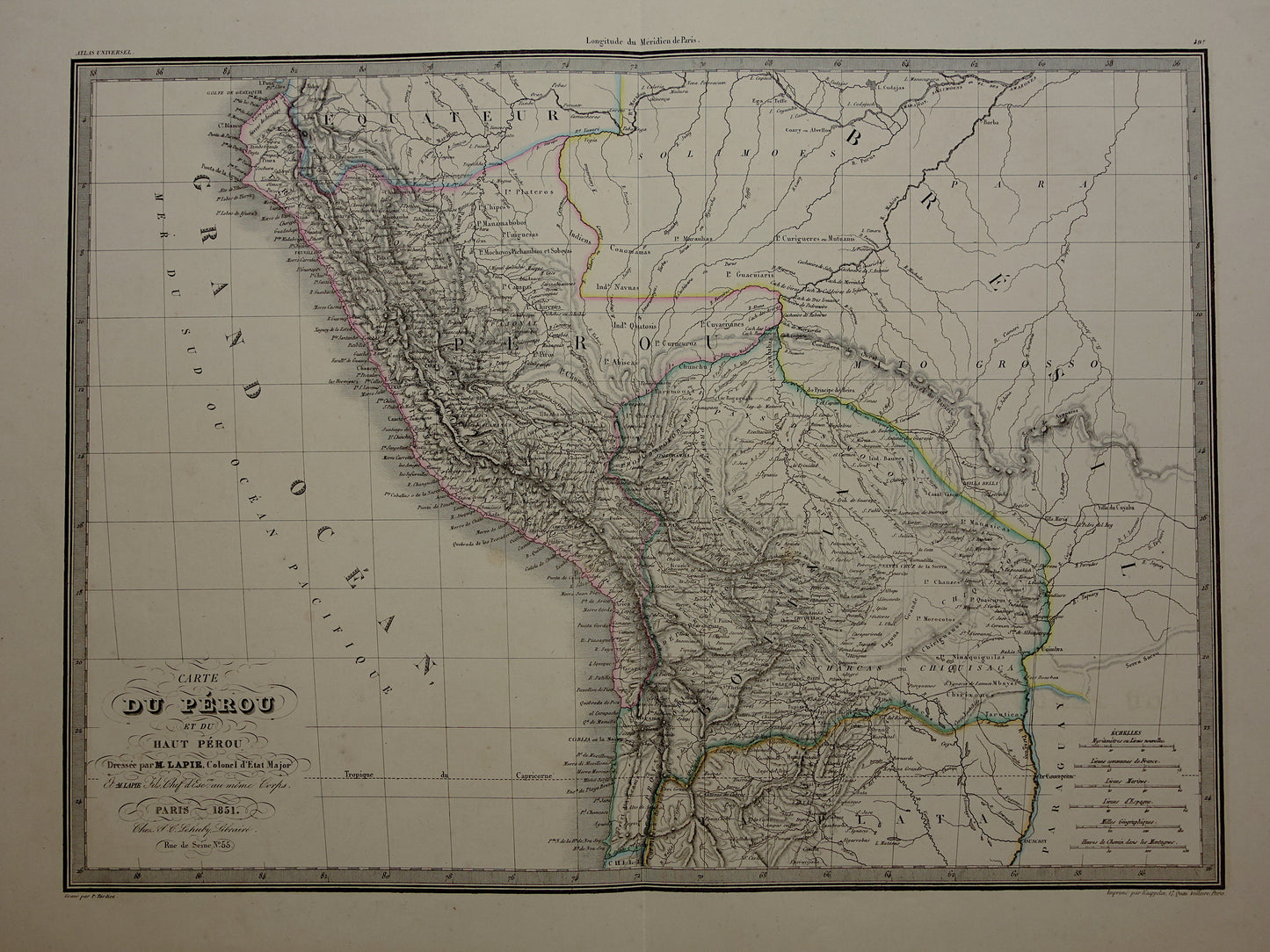 PERU & BOLIVIA Grote oude landkaart uit 1851 originele antieke Franse kaart met jaartal