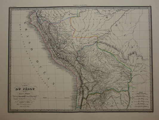 PERU & BOLIVIA Grote oude landkaart uit 1851 originele antieke Franse kaart met jaartal