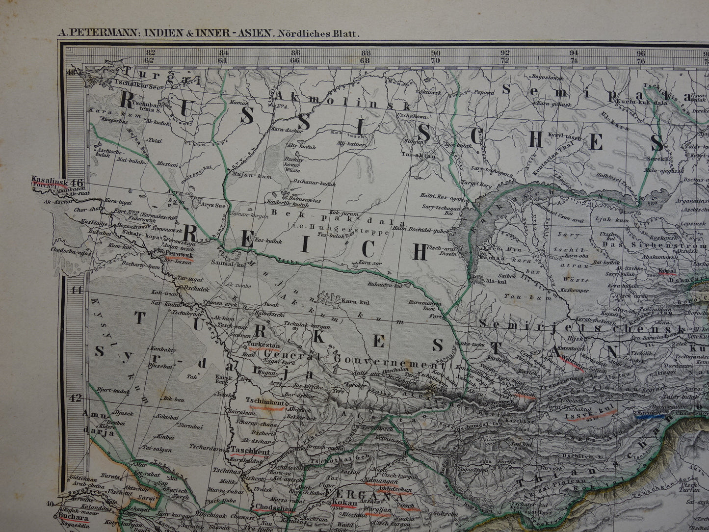Central Asia old map from 1884 original antique German map of Tibet Kashmir Himalaya mountains 37x46 cm large
