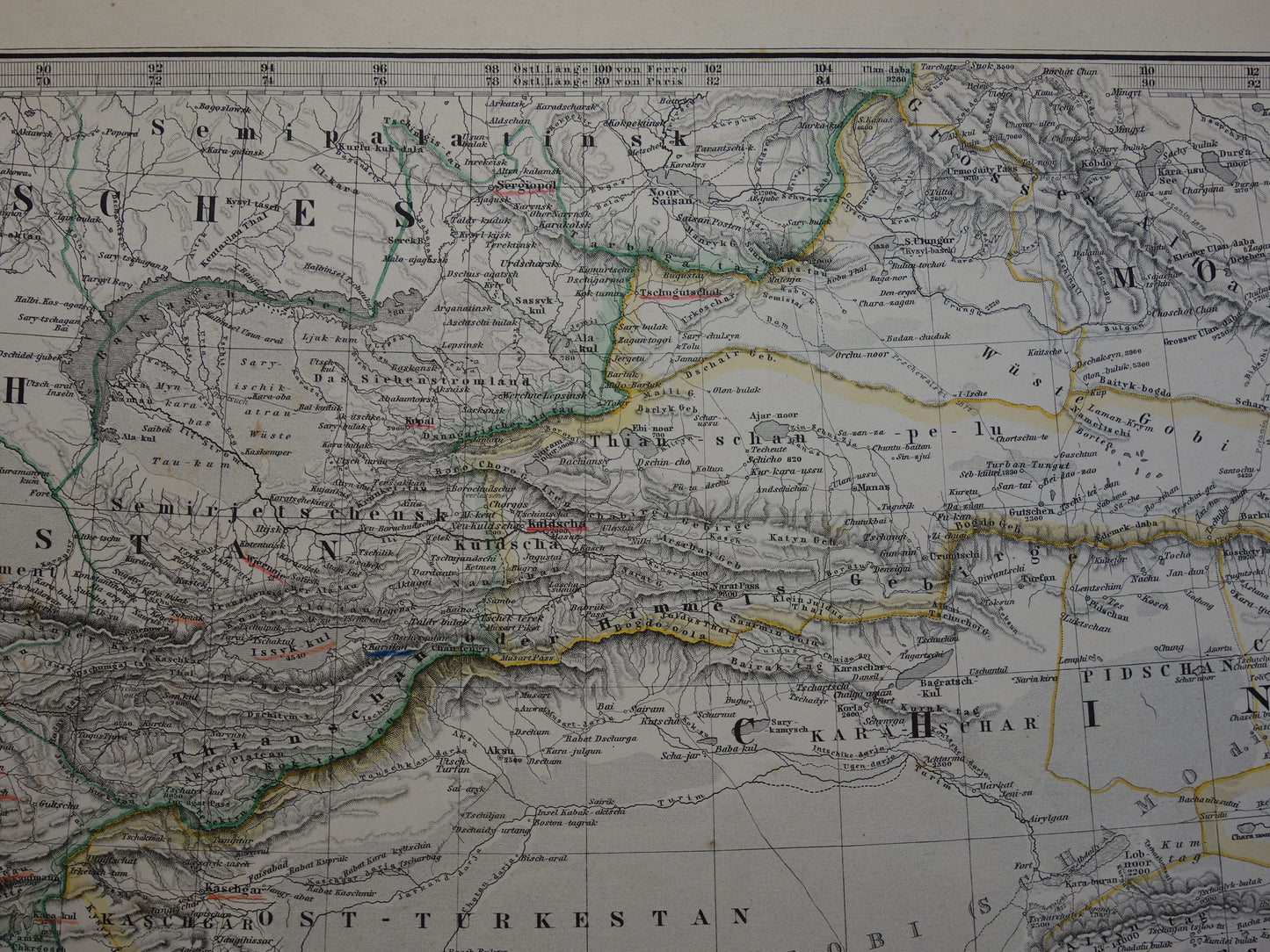 Central Asia old map from 1884 original antique German map of Tibet Kashmir Himalaya mountains 37x46 cm large