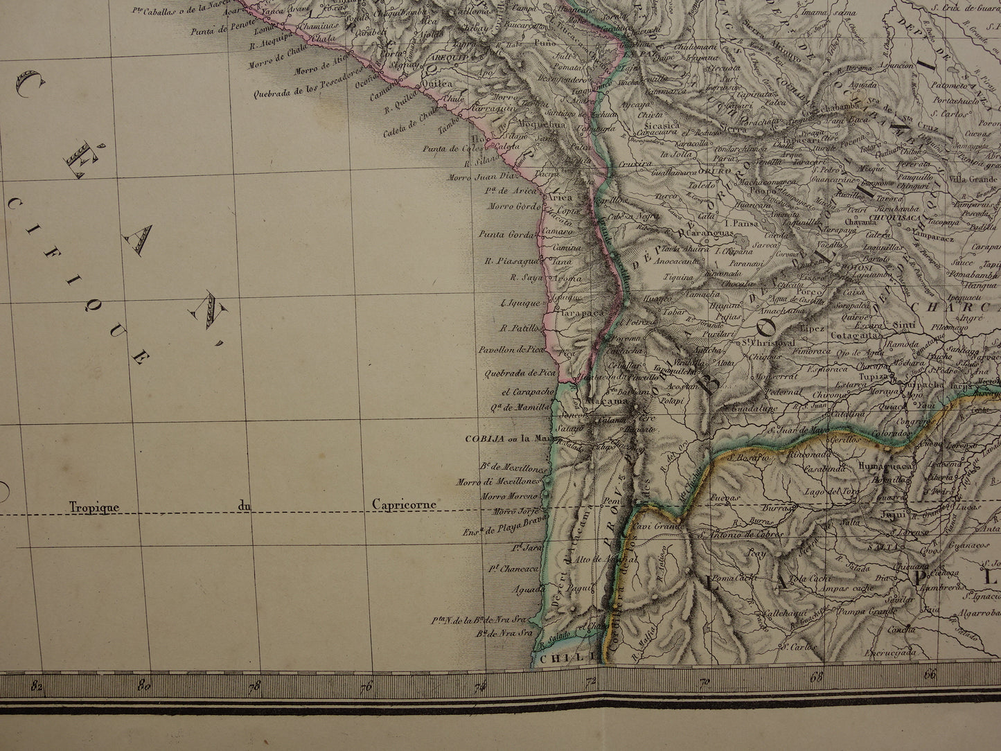 PERU &amp; BOLIVIA Large old map from 1851 original antique French map with date