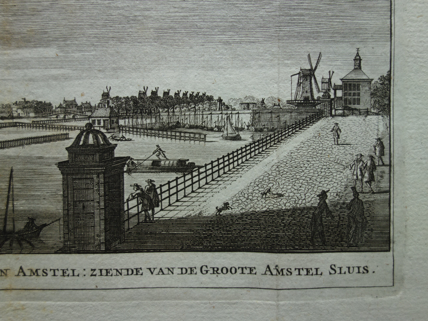Old print of the Buiten Amstel in Amsterdam Original antique engraving Amstel locks Historical cityscape Vintage Print