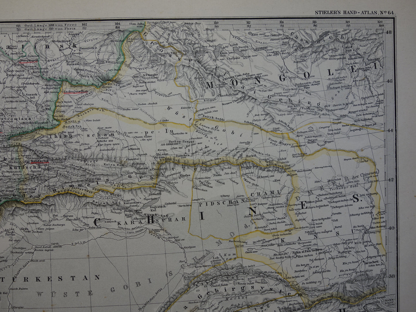 Central Asia old map from 1884 original antique German map of Tibet Kashmir Himalaya mountains 37x46 cm large