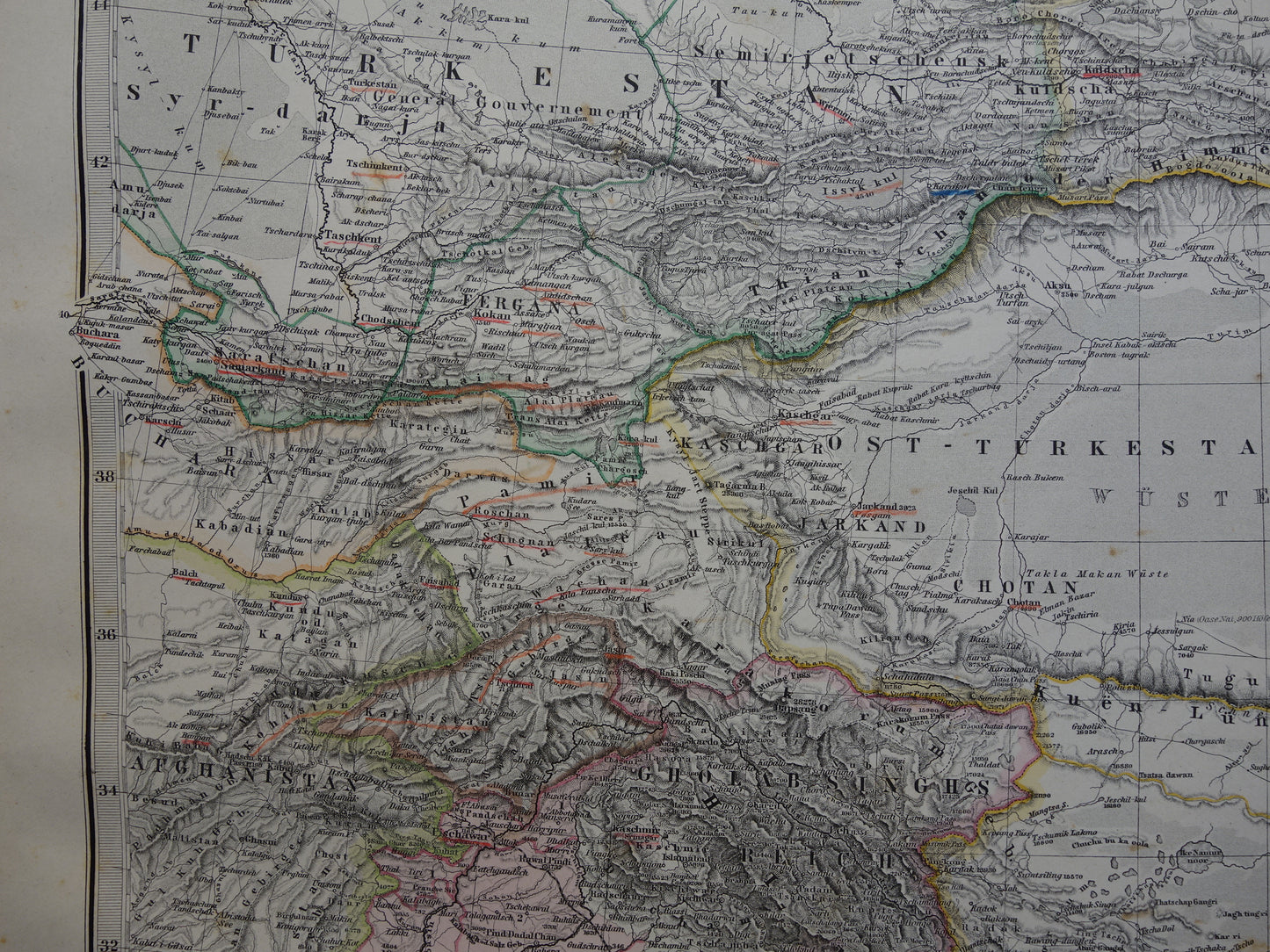 Central Asia old map from 1884 original antique German map of Tibet Kashmir Himalaya mountains 37x46 cm large