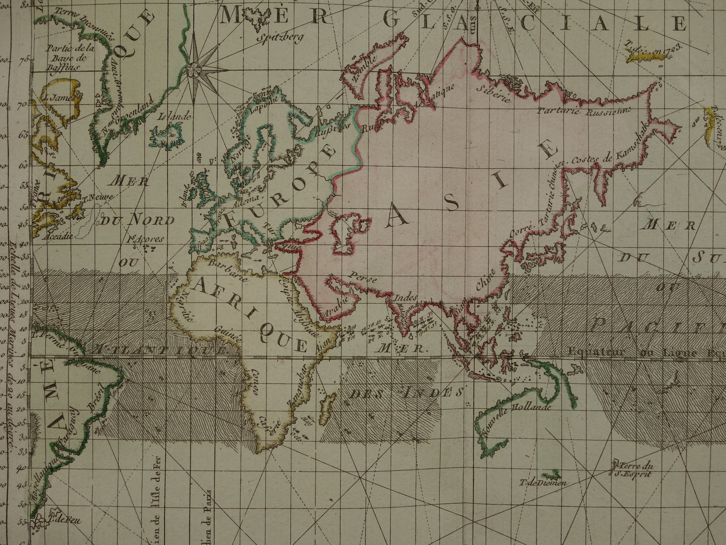 Old world map 1761 Large original historical map of the world Cardinal directions Wind rose