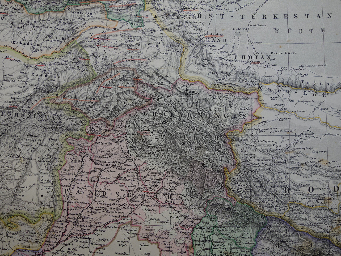 Central Asia old map from 1884 original antique German map of Tibet Kashmir Himalaya mountains 37x46 cm large