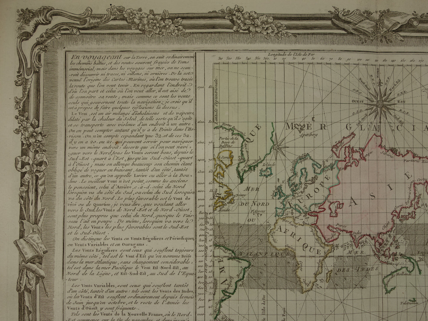 Old world map 1761 Large original historical map of the world Cardinal directions Wind rose