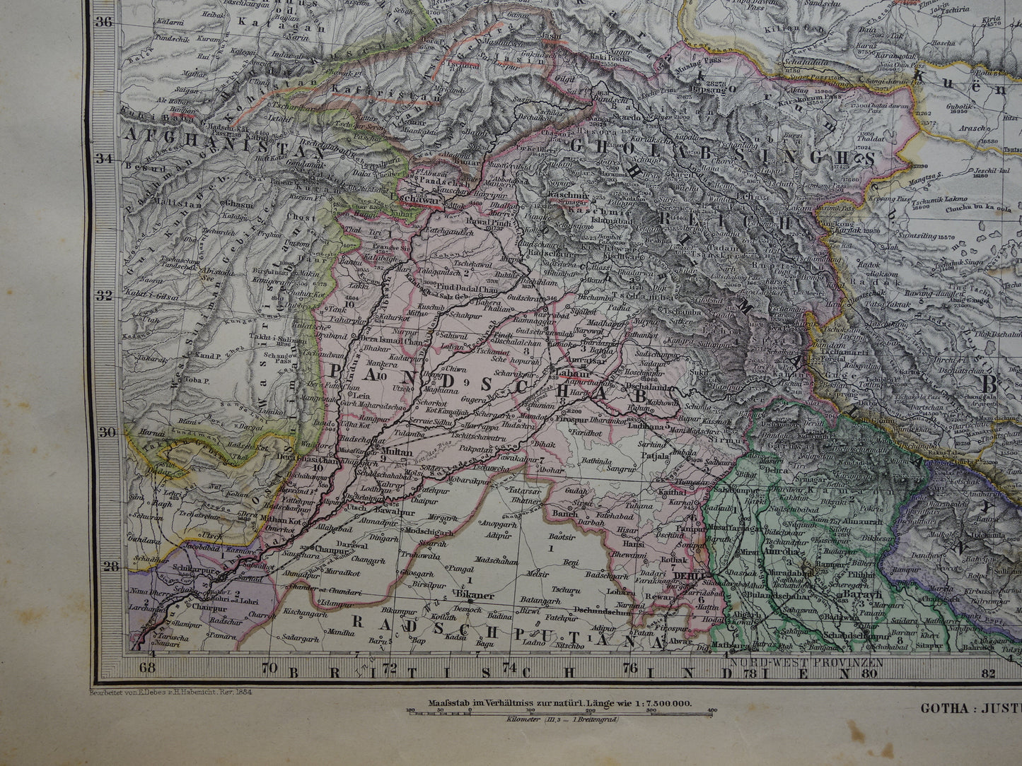 Central Asia old map from 1884 original antique German map of Tibet Kashmir Himalaya mountains 37x46 cm large