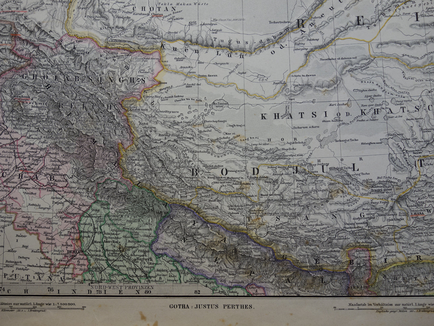Central Asia old map from 1884 original antique German map of Tibet Kashmir Himalaya mountains 37x46 cm large