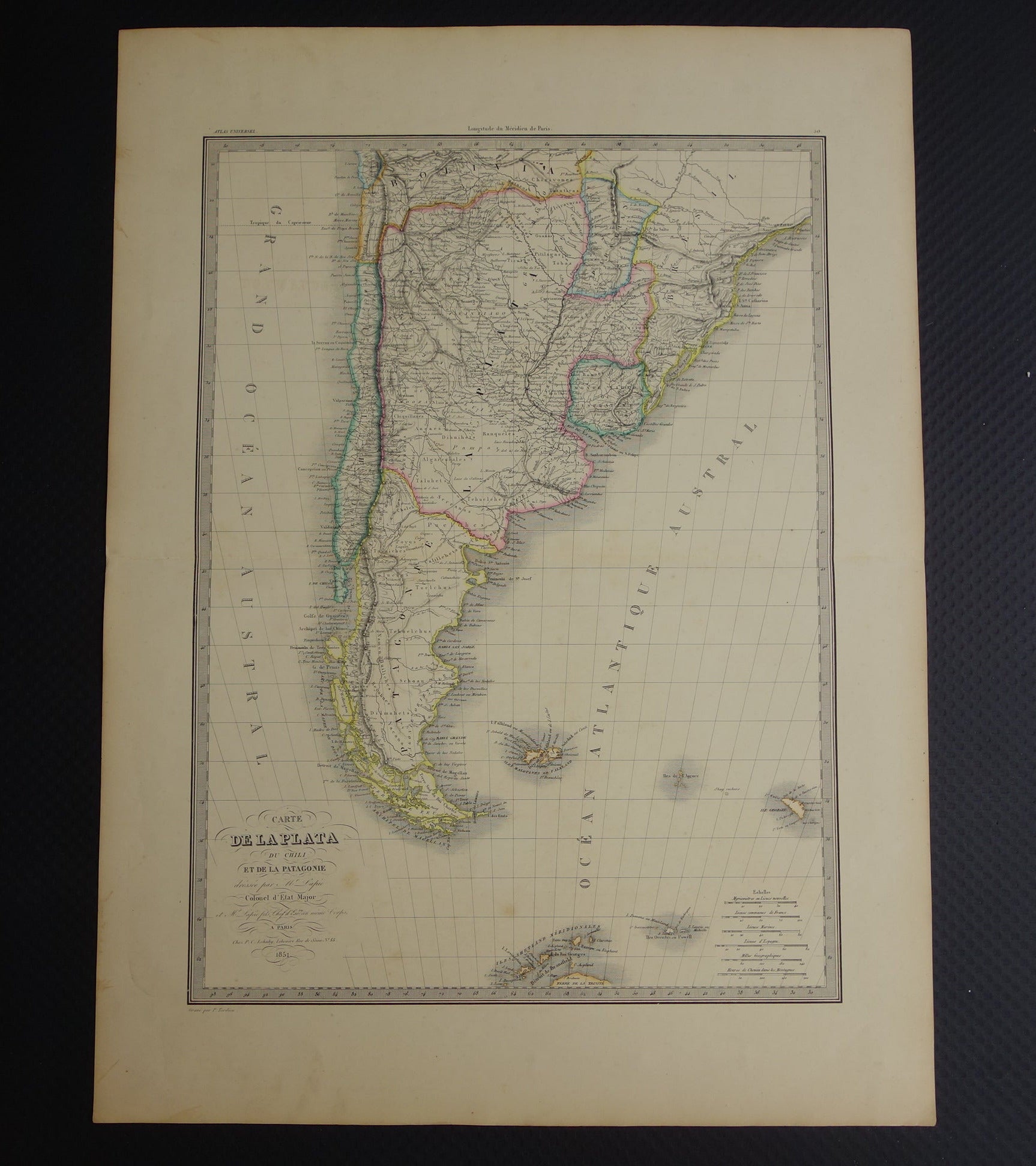 ZUID-AMERIKA Grote vintage landkaart van Zuid-Amerika 1851 oude kaart Brazilië Patagonië Chili origineel antiek met jaartal