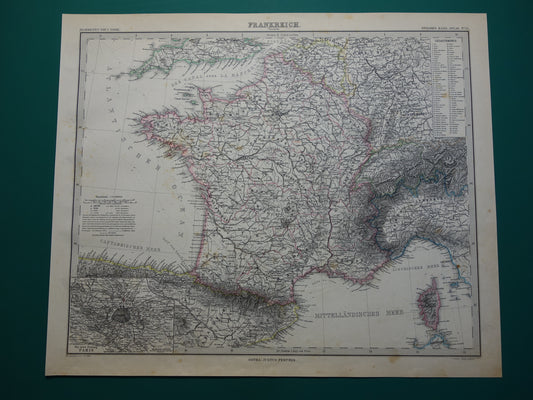 FRANCE old map from 1884 original antique German map of France 37x45cm