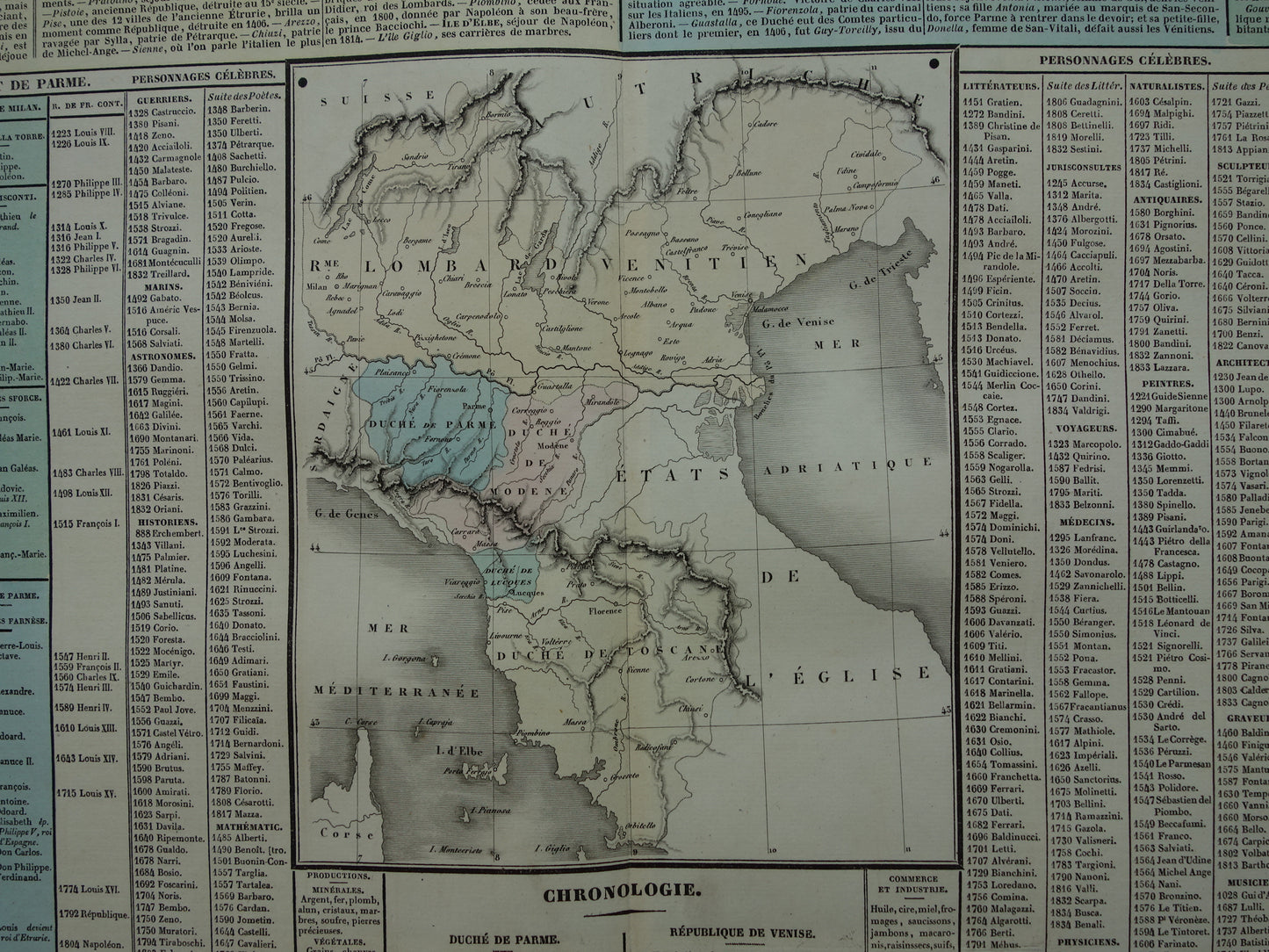 TUSCANY Old map Italy 1837 large antique engraving about history of Italy Lombardy with vintage map