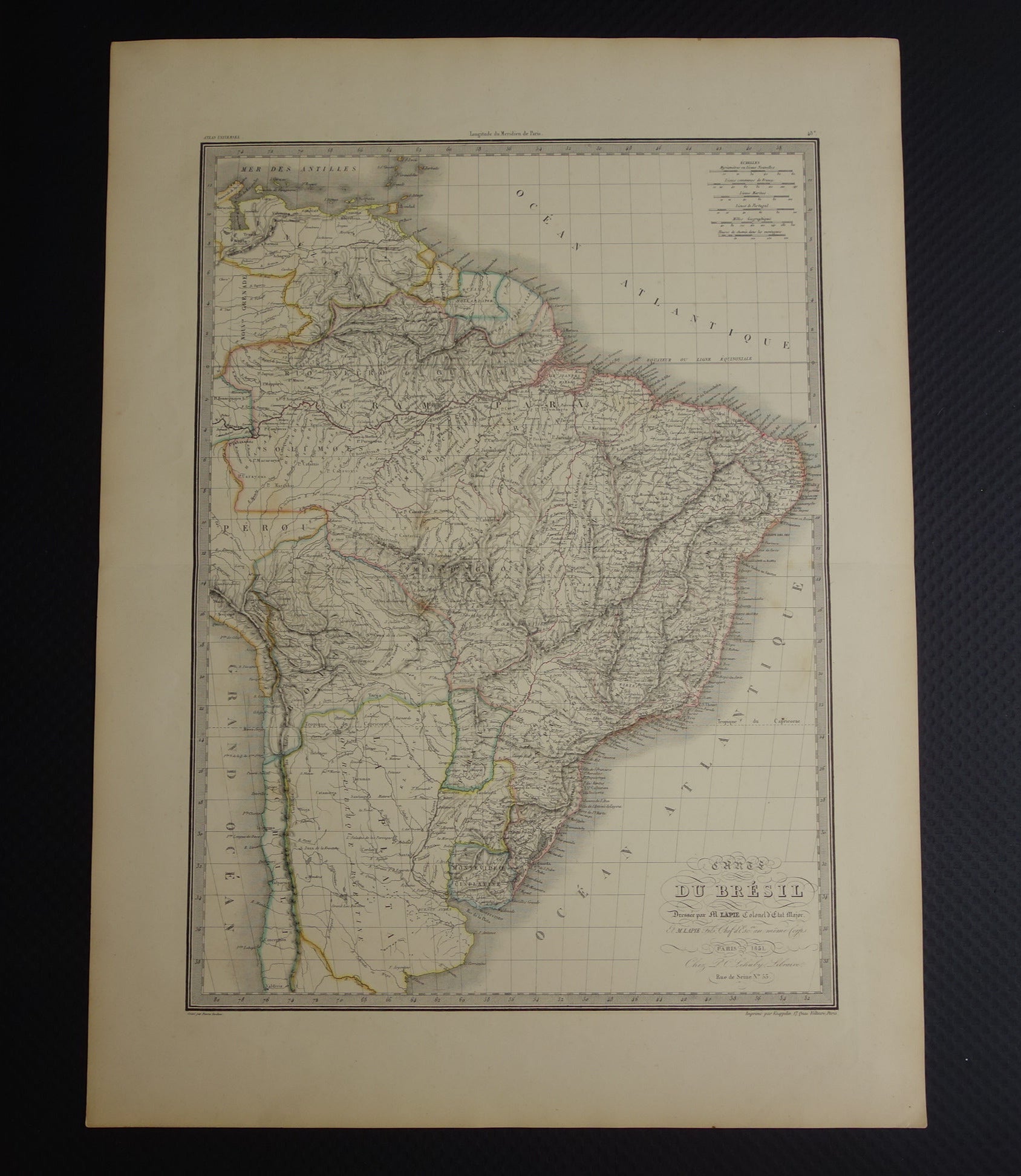 BRAZILIË Grote oude kaart van Brazilië uit 1851 Originele antieke landkaart met jaartal
