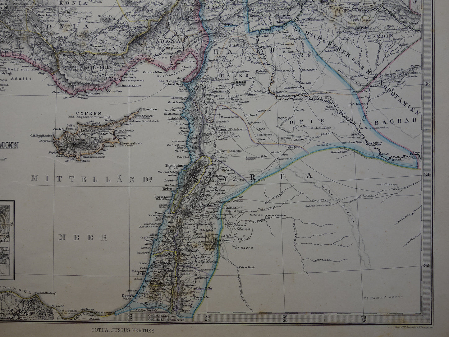 TURKEY old map from 1884 original antique German map of Palestine Syria 36x45cm