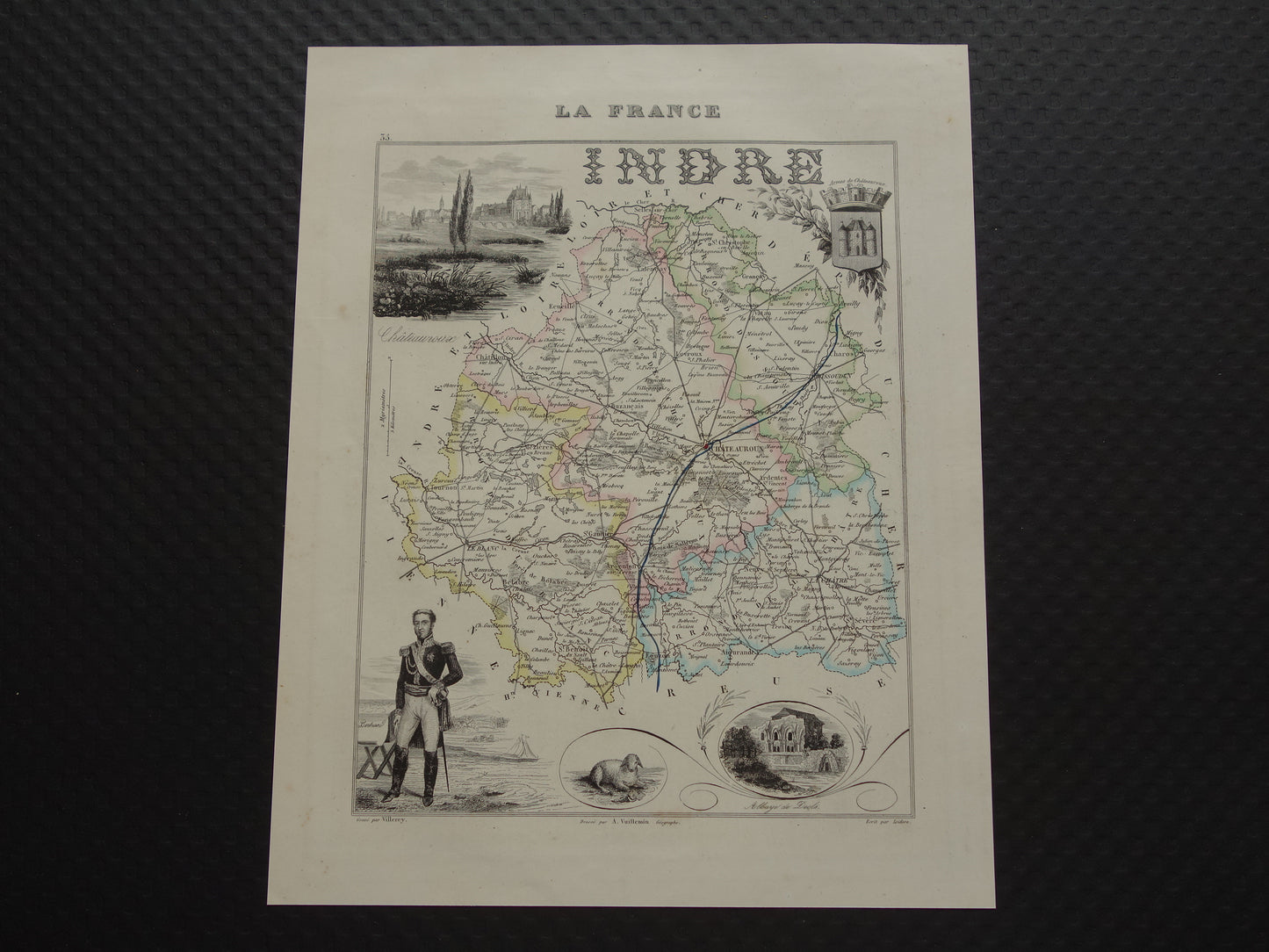 Old map of Indre department in France from 1856 original antique hand-colored map