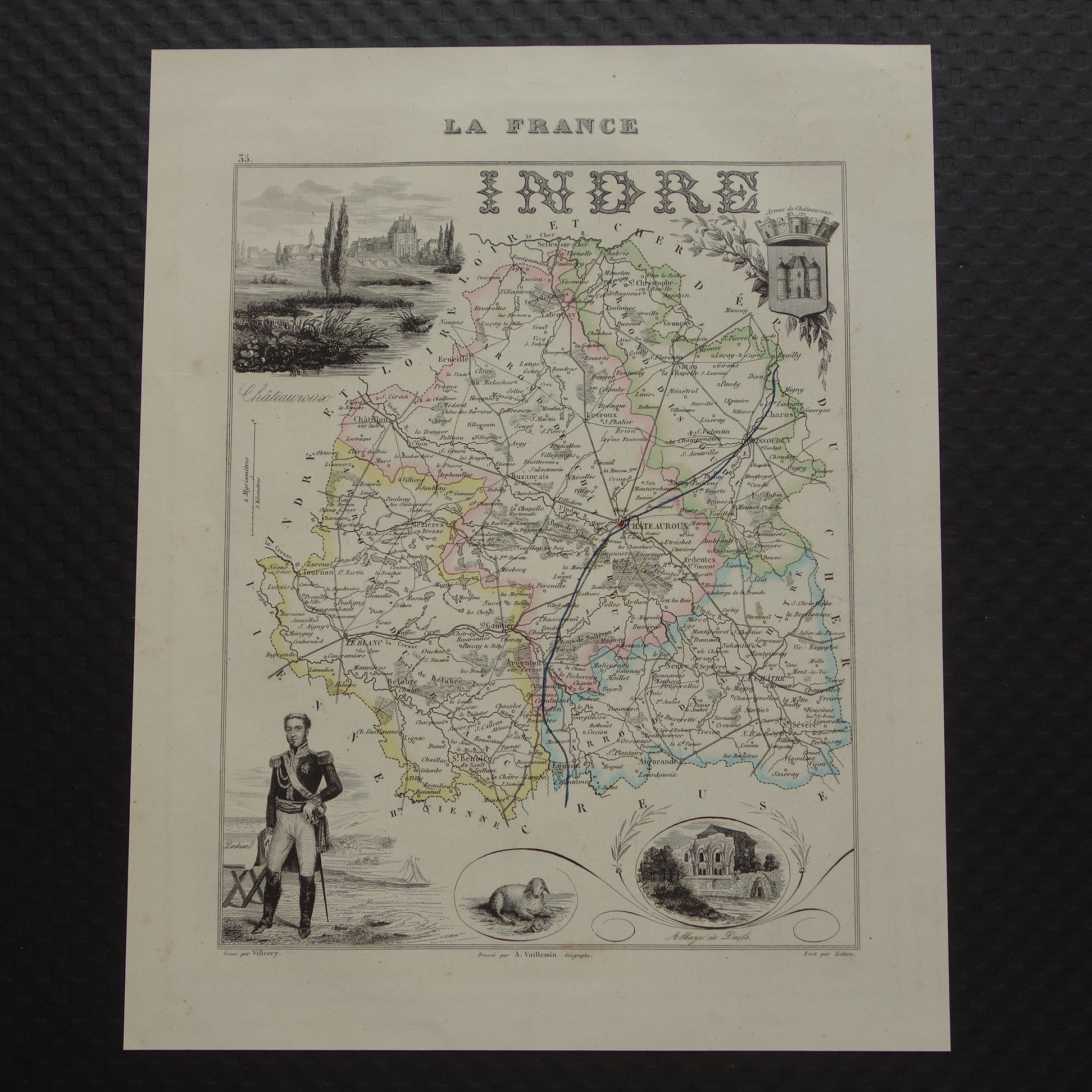 Oude kaart van Indre departement in Frankrijk uit 1856 originele antieke handgekleurde landkaart