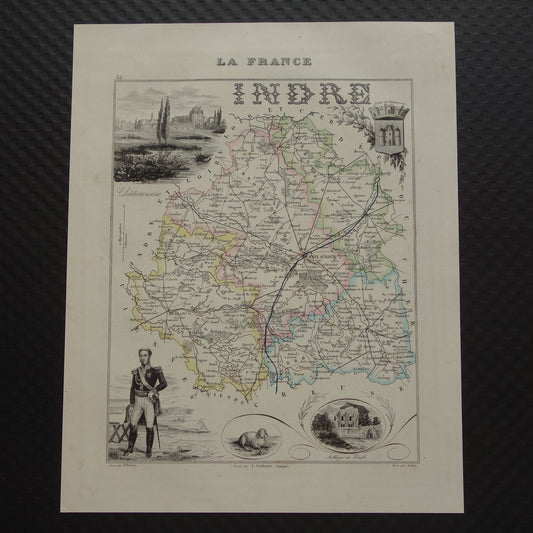 Oude kaart van Indre departement in Frankrijk uit 1856 originele antieke handgekleurde landkaart