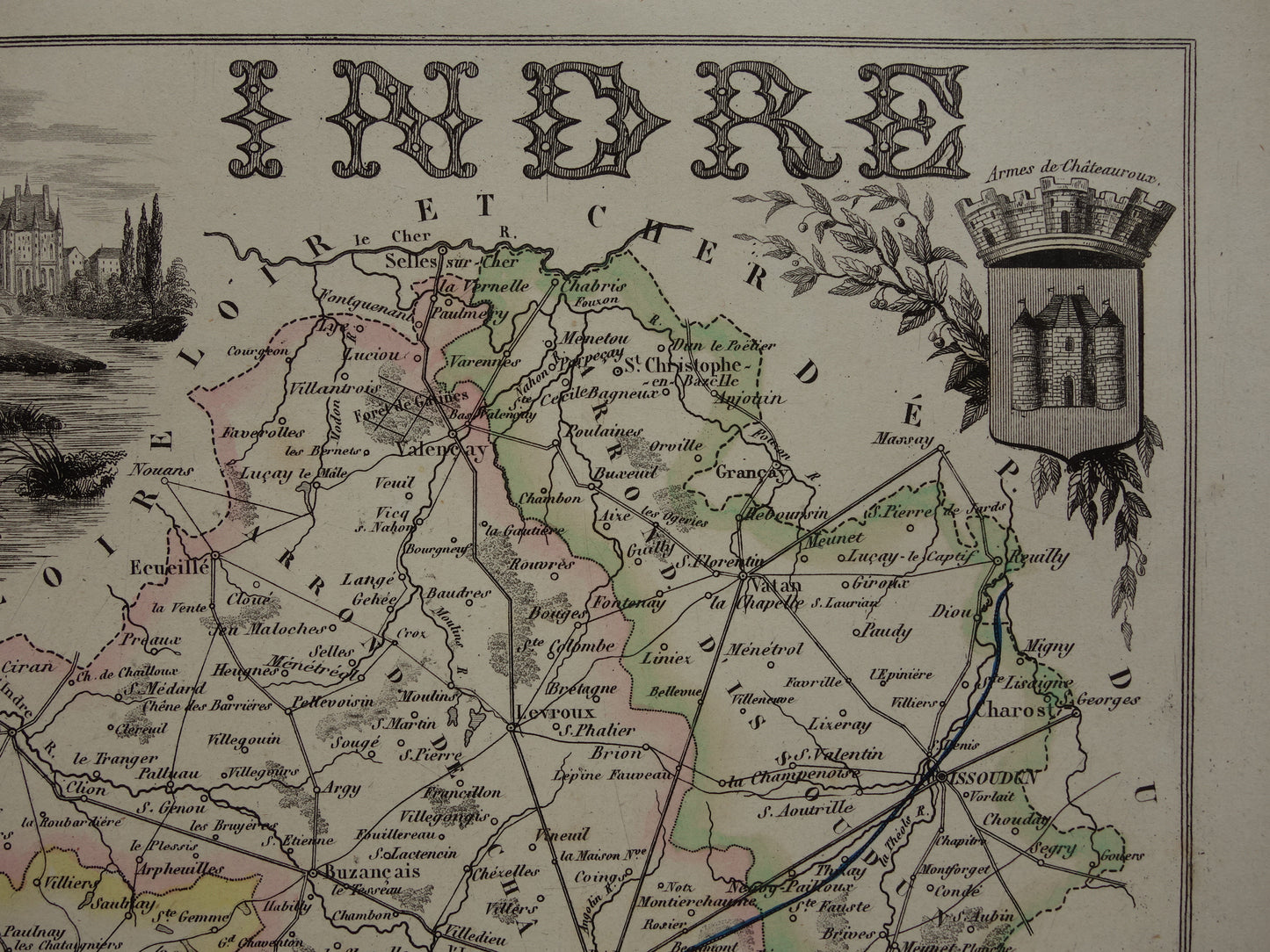 Old map of Indre department in France from 1856 original antique hand-colored map